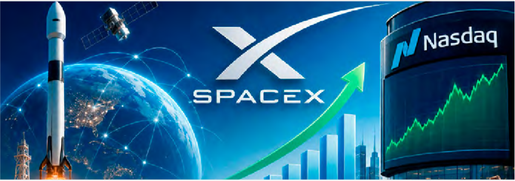 Börsenbericht: HOFFNUNGEN AUF FRIEDEN AM GOLF – Blickpunkt: SPACEX – DER GRÖSSTE BÖRSENGANG ALLER ZEITEN Symbolbild für SpaceX: Rakete, Satelliten, Erde, SpaceX-Logo, Nasdaq-Gebäude und steigender Kursgraph.