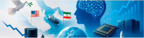 Ihre Finanzexpertinnen für Geldanlagen und finanzielle Unabhängigkeit Symbolbild für globale Wirtschaft und Konflikte: Friedenstaube, USA- und Iran-Flaggen, Ölfass, Schifffahrt, KI-Gehirn, Server und Chip.